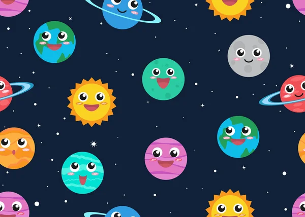 Seamless Pattern Cute Cartoon Planets Space Background Vector Illustration — Stock Vector