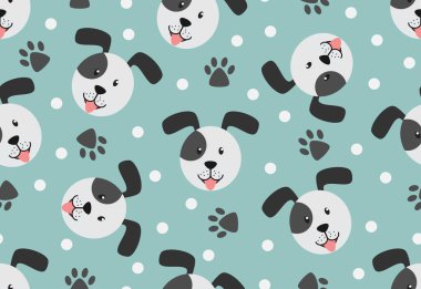 Pastel arka planda pati ve noktalı şirin yüz köpeğinin kusursuz deseni - Vektör illüstrasyonu