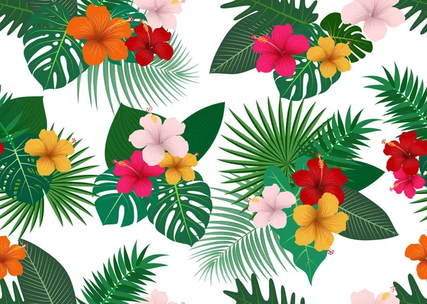 Modello Senza Cuciture Fiori Tropicali Con Foglie Sfondo Bianco Illustrazione — Vettoriale Stock