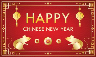 Kırmızı arkaplanda Mutlu Çin Yeni Yıl tebrik kartı şablonu 