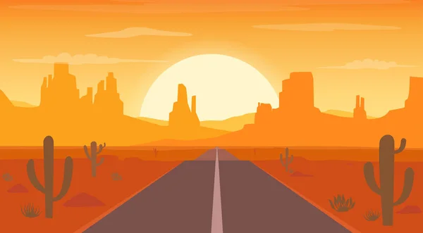 Route Vers Paysage Désertique Coucher Soleil Avec Des Silhouettes Cactus — Image vectorielle