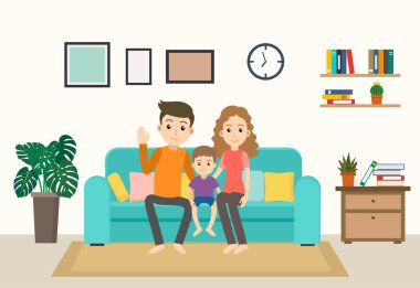 Çizgi film mutlu aile oturma odasında kanepede kalır - vektör illüstrasyon