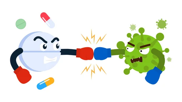 Boks eldiveni giyen sevimli karakter hapı virüsle savaşıyor - Vektör çizimi
