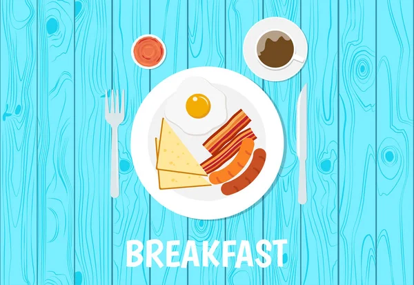 Vektor Illustration Des Frühstücks Set Auf Blauem Tisch Hölzernen Hintergrund — Stockvektor