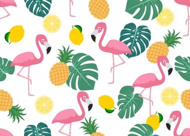 Beyaz zemin üzerinde tropikal yaprak, limon ve ananas olan kusursuz sevimli flamingo deseni - Vektör illüstrasyonu
