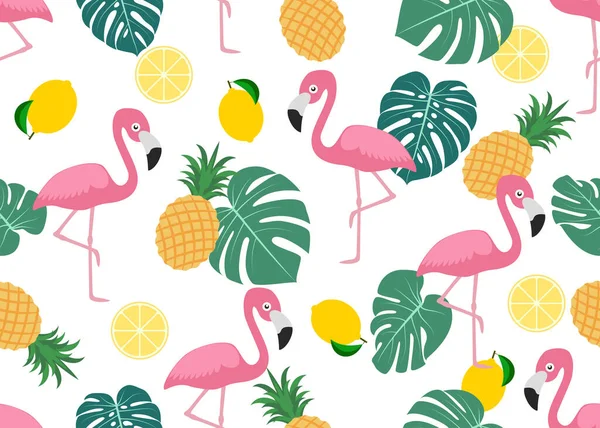 Beyaz zemin üzerinde tropikal yaprak, limon ve ananas olan kusursuz sevimli flamingo deseni - Vektör illüstrasyonu