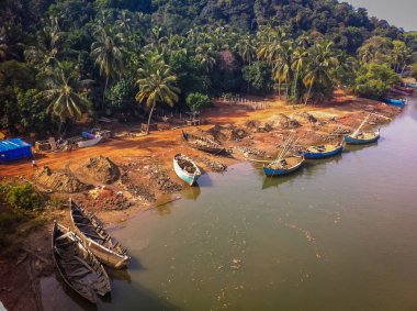 Tekneler ve nehir kıyısında palmiye ağaçlarının