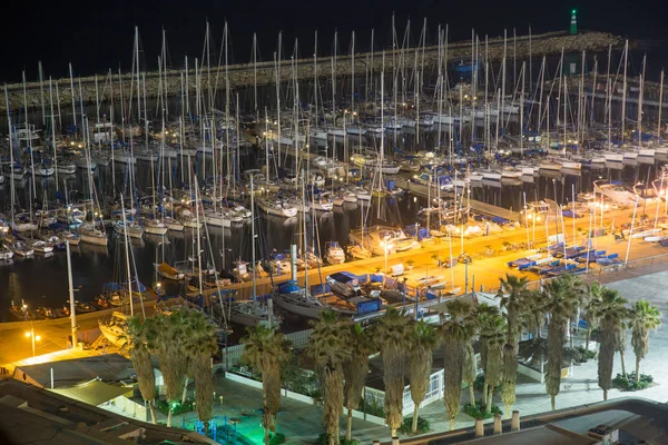 Night pier with yachts and palm trees