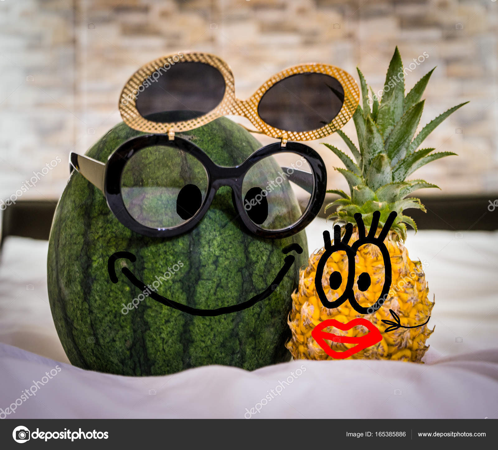 Boy Watermelon With Glasses And Girl Pineapple With Red Lips In