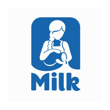 Bir şişe süt gri bir arka plan üzerinde mavi logo kızla