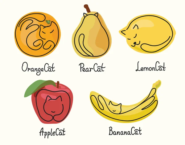 Набор забавных иллюстраций кошек и фруктов в разных позах — стоковый вектор