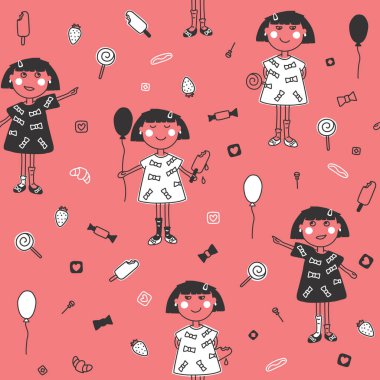 Balon, dondurma, çilek ve diğer tatlılar üzerinde pembe bir arka plan ile Seamless Modeli şirin kız