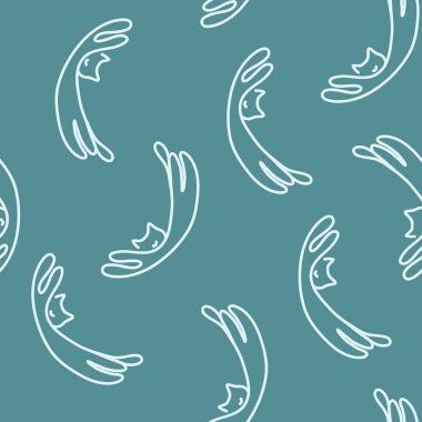 Mavi arka plan üzerinde çizilmiş uyuyan kedilerin dikişsiz desen