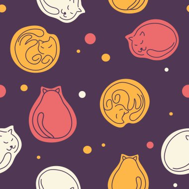 Koyu leylak arka planda uyuyan kedilerin dikişsiz deseni
