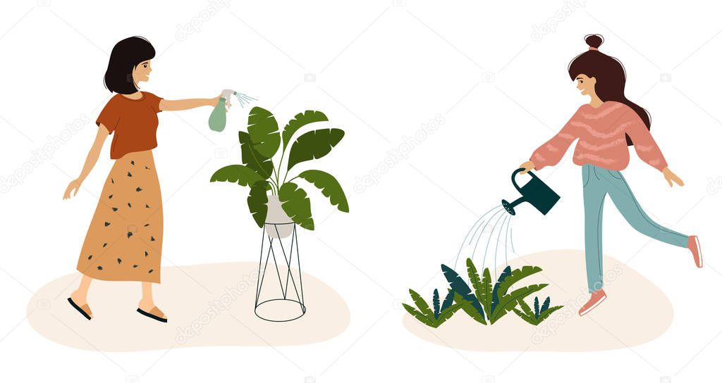 Young girls watering plant