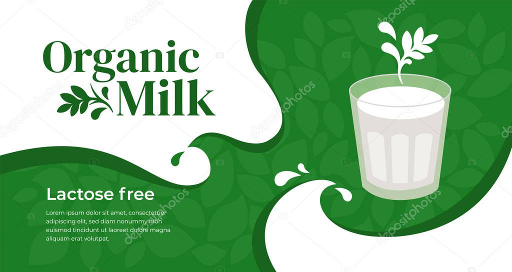 Vector illustration of organic lactose free milk, vegetarian drink. Design with plant based beverage. Glass of soy, almond, oatmeal or coconut, cashew milk. Template for banner, layout, flyer, website