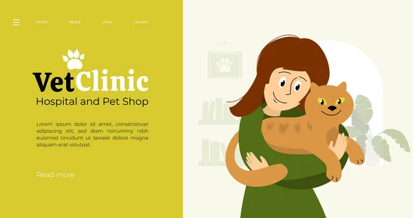 Ilustración de clínica veterinaria con niña y gato — Vector de stock