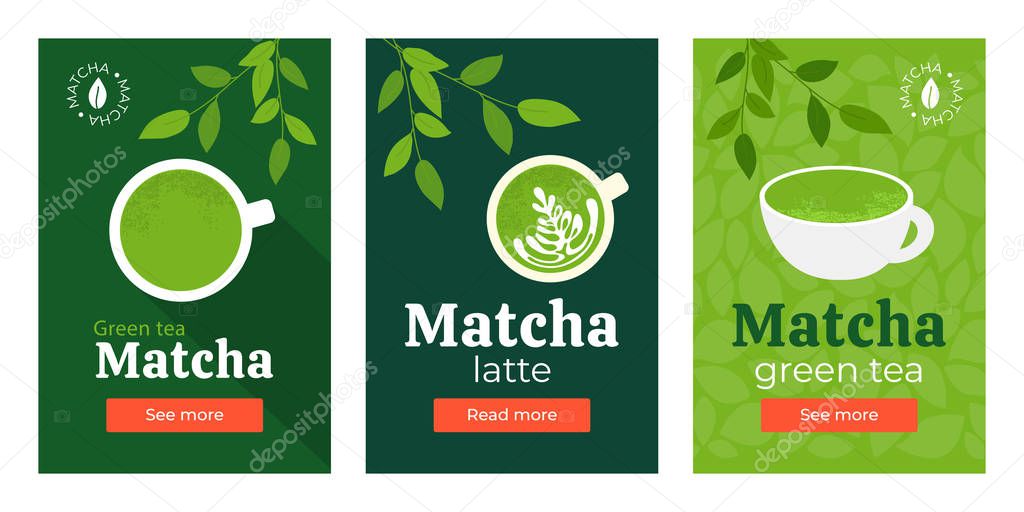 Set of banners with green tea matcha 