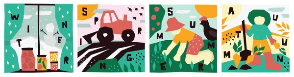 Set of illustrations with four season in countryside — 스톡 벡터