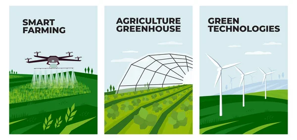 Ilustrações da agricultura inteligente, turbina eólica e estufa em um —  Vetores de Stock