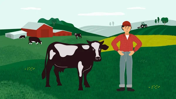 Paisagem agrícola com agricultor e vacas —  Vetores de Stock