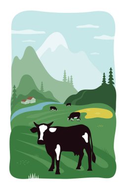 Dağlar ve ineklerle Alp manzarasının tasviri