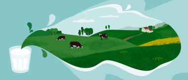 Vector illustration of rural landscape and glass of fresh milk f