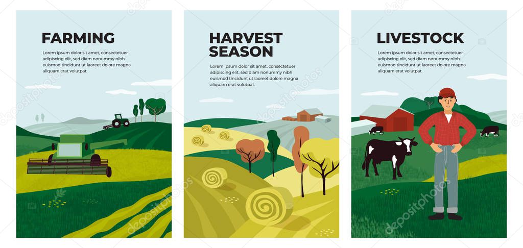 Illustrations of farming, livestock and harvest season