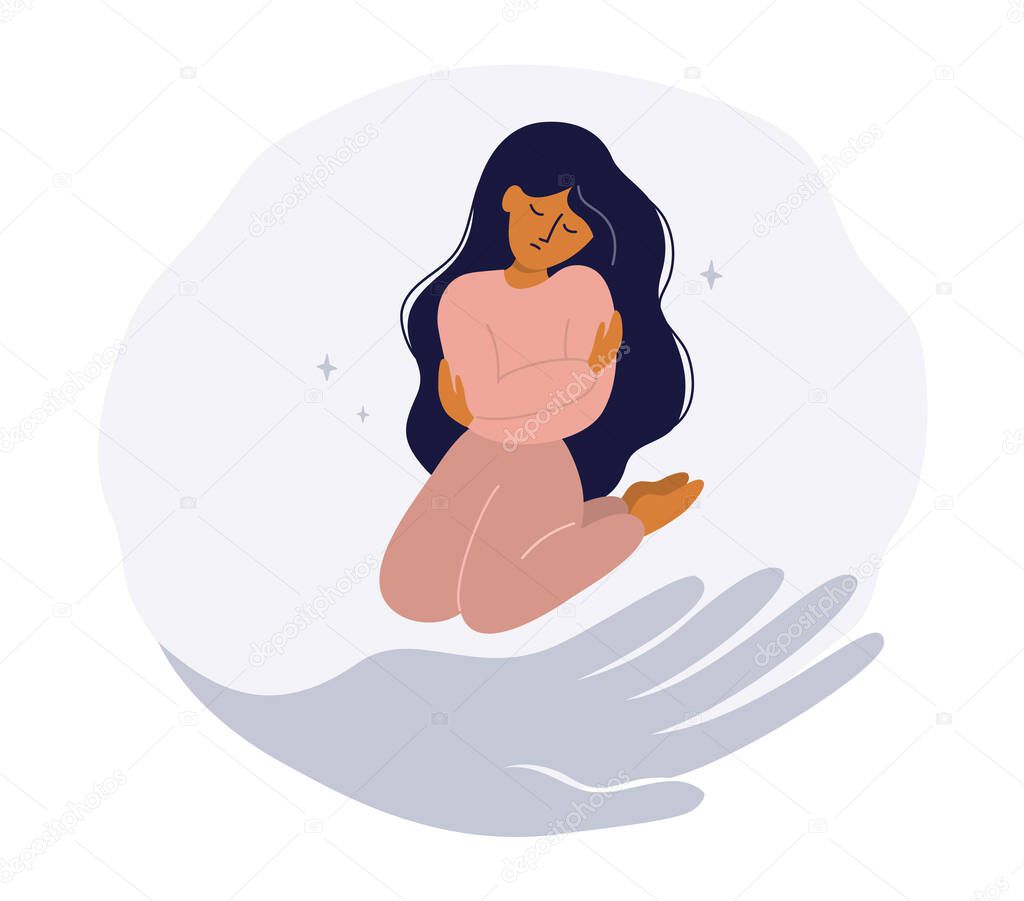 Helping hand for sad girl. Unhappy woman sitting on knees, hugging yourself. Concept of psychologist help for young depressed woman. Vector illustration of mental health problem, feeling of frustrated