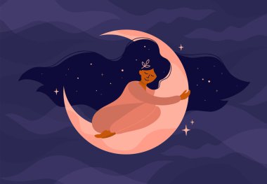Uzun saçlı tatlı kız ayda uyur. Gece gökyüzü ve yıldızlı romantik rüyalar. Kadının vektör çizimi hilal ayı kucaklıyor. Modern cadı kavramı. Tarot kartı kapağı ve kartpostal tasarımı.