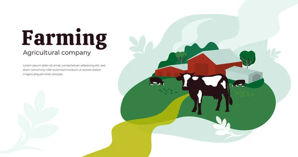 Vektorillustration Von Ackerland Weide Kühen Landwirtschaftlichem Gebäude Landwirtschaft Oder Landwirtschaftliche — Stockvektor