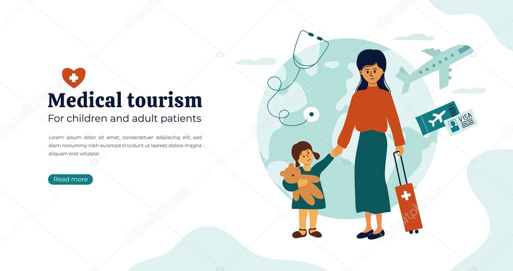 Organization of medical tourism and treatment all over the world for children and adult patients. Mother and daughter waiting for departure to hospital abroad. Vector illustration for flyer, web page.