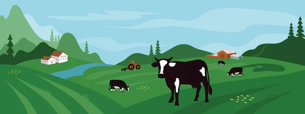 Mezőgazdasági Táj Traktorral Tehenekkel Állatállomány Haszonállatok Alpesi Rét Parasztház Folyó — Stock Vector