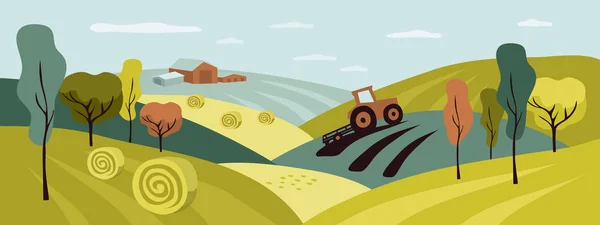 Cosecha Campo Con Tractor Campo Heno Rollos Pajar Ilustración Horizontal — Archivo Imágenes Vectoriales