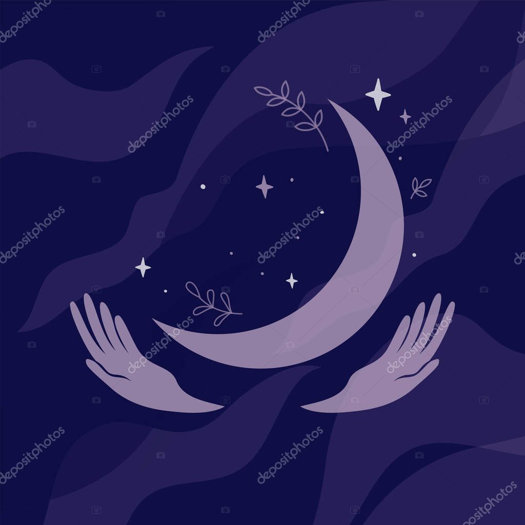 Human hands holding crescent moon with stars and herbs. Modern witch or fortune teller concept. Dark blue night sky. Abstract logo design for tarot cards. Vector illustration for poster, print, tattoo