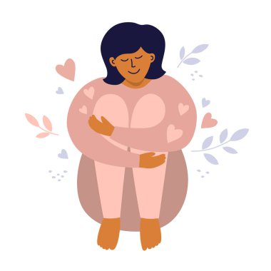Body positive, love yourself concept. Happy plus size woman smiling and hugs her knees. Vector illustration of confident girl, selfcare and acceptance. Self confidence and happiness with any figure. clipart