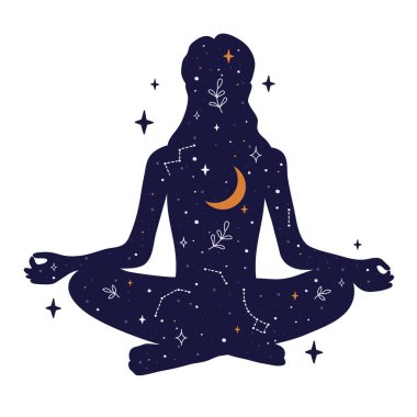 Genç kadın nilüfer çiçekli yoga pozunda oturuyor. Hilal Ay 'ı, takımyıldızları, galaksisi ve yıldızları olan bir evren. Özgür zihin konsepti. Meditasyonun, kendine bakmanın veya farkındalığın vektör çizimi.