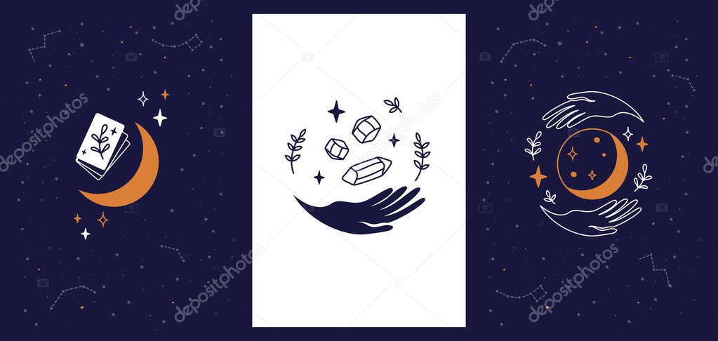 Set of hand drawn logos with hands, crescent moon, crystals and herbs. Modern witch concept. Vector illustration of night sky, stars and constellations. Bohemian style for wedding, jewelry or tattoo.