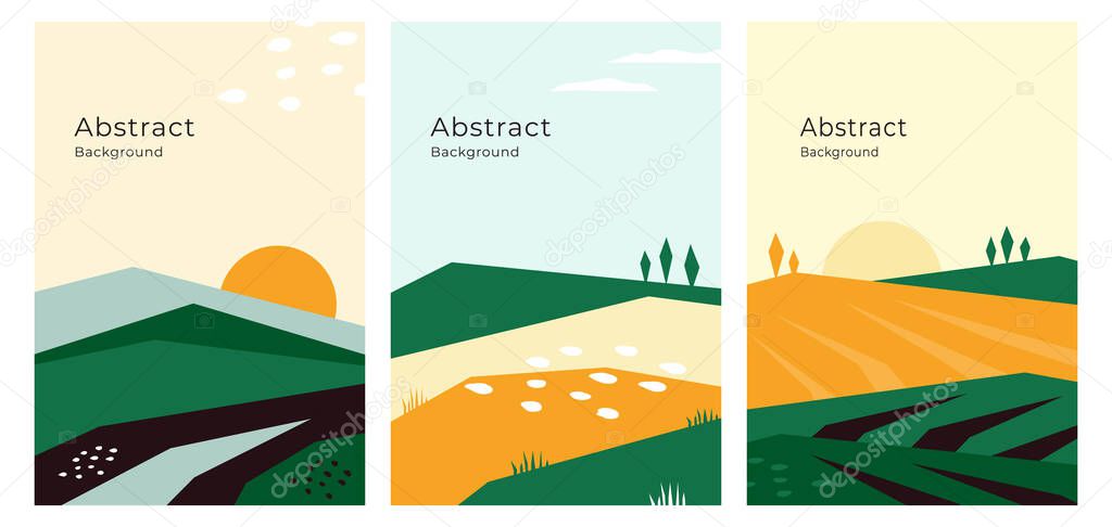 Vector illustrations with farm land, nature, agricultural landscape. Banners with agriculture or farming concept. Set of abstract backgrounds. Design template for flyer, poster, book or brochure cover