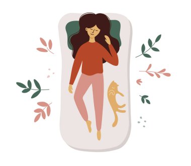 Genç bayan arkada uyuyor. Farklı pozlarda uyuyan kadın. Yataktaki tatlı kız ve kedinin vektör çizimi. Sağlık hizmeti, motivasyon afişi için kendine zaman ayır. Tatlı rüya konsepti. Döşeğin çevirisi.