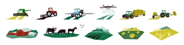 Ensemble Objets Agricoles Icônes Avec Tracteur Irrigation Animaux Ferme Moissonneuse — Image vectorielle