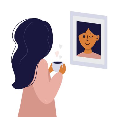 Girl looks in mirror and winks to herself. Young woman in pajamas with cup of coffee in hands smiling at her reflection. Magical morning, love yourself or slow life concept. Vector illustration poster clipart