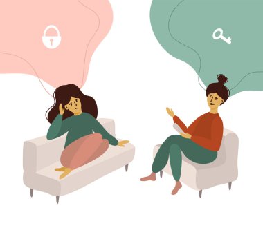 Psikoterapi, zihinsel sorun veya depresyon tedavisi konsepti. Üzgün kızın psikologla konuşmasının vektör çizimi. Psikoloji doktoru hastaların kilitli zihinlerinin anahtarını arıyor. Kadın sorunları.