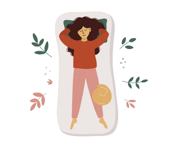 Mujer Joven Duerme Espalda Con Las Manos Detrás Cabeza Dama — Vector de stock