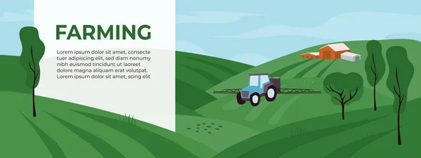 트랙터가 농경지입니다 농업에 뿌리거나 트랙터 삽화는 비료를 붓는다 현수막 플라이어 — 스톡 벡터