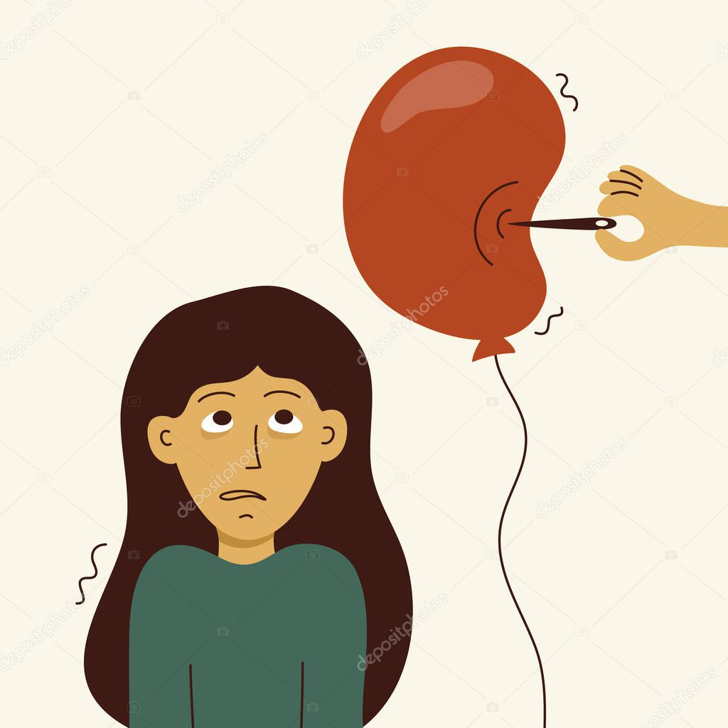 Overwhelmed girl or burnout syndrome concept. Young woman heated to the limit. Mom's problems with troubled children. Vector illustration of losing patience. Human hand pierces balloon with needle. 