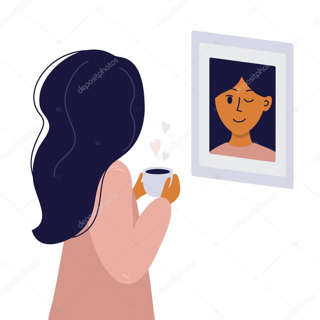 Girl looks in mirror and winks to herself. Young woman in pajamas with cup of coffee in hands smiling at her reflection. Magical morning, love yourself or slow life concept. Vector illustration poster