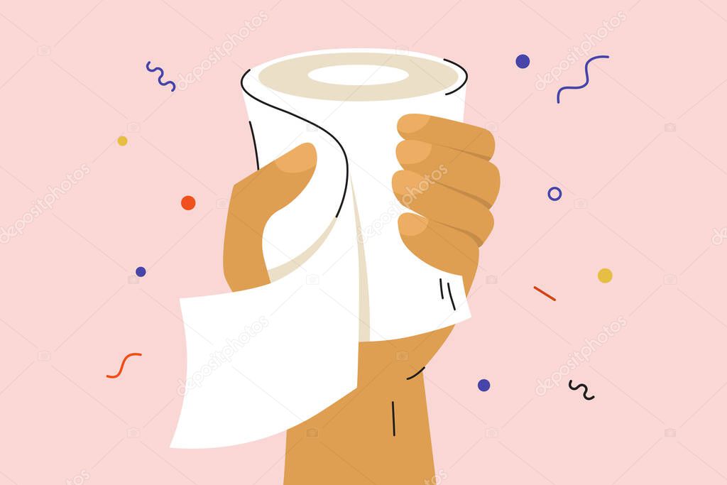 Human hand holding toilet paper. Grabbing last one roll in supermarket. People panic in store due to coronavirus, quarantine. Stomach upset, indigestion or bowel problems concept. Vector illustration
