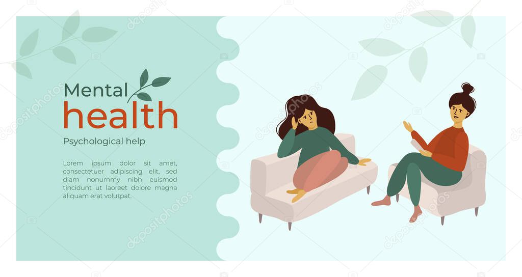 Psychological help concept. Psychotherapy, mental health problem or depression treatment. Vector illustration of sad girl talking with psychologist. Woman issues. Template of layout, banner, flyer, ad