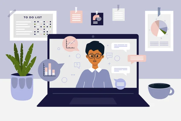 Kal ve evde çalış. Rahat bir iş yeri, dizüstü bilgisayar, online çalışan bir adam. Web iletişimi. Veri analizi ve grafik ile video iş konferansı. Coronavirus, karantina ya da tecrit. Vektör illüstrasyonu.